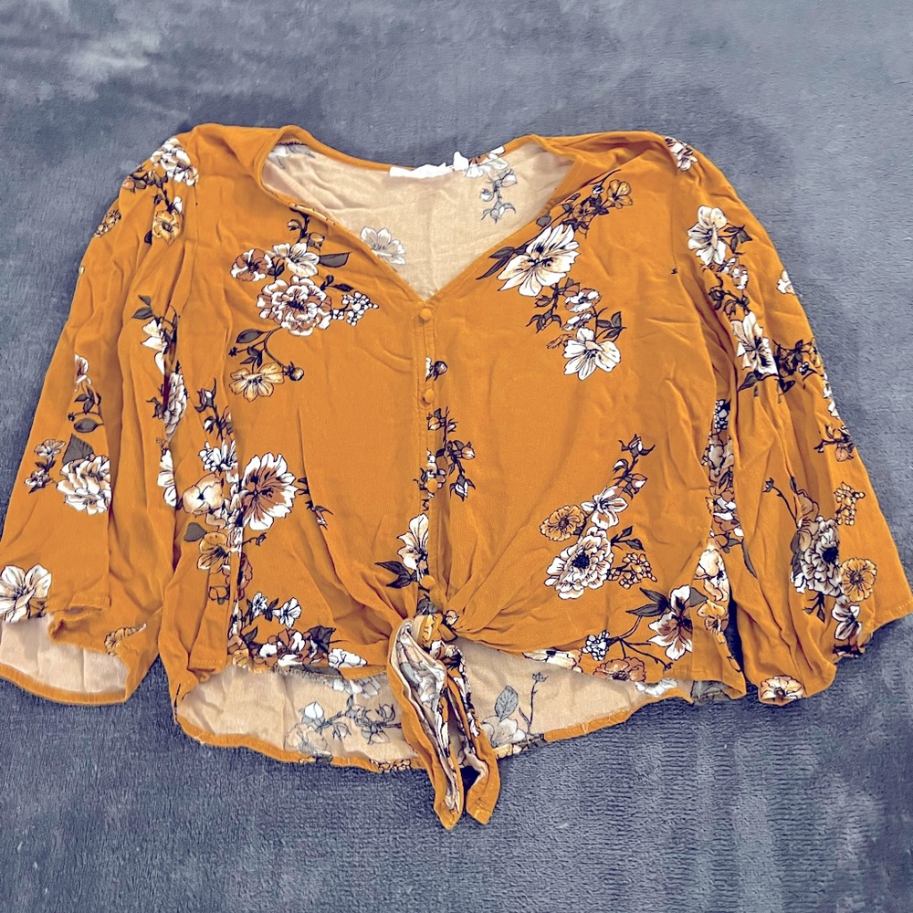 Orange and cream floral tie blouse